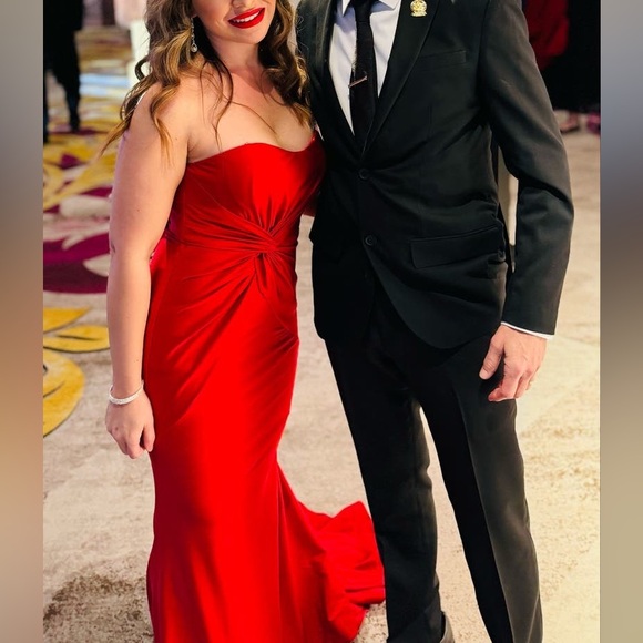 FAVIANA Red Strapless Evening‎ Knot Front Mermaid Sweetheart Gown 8 - Picture 5 of 6